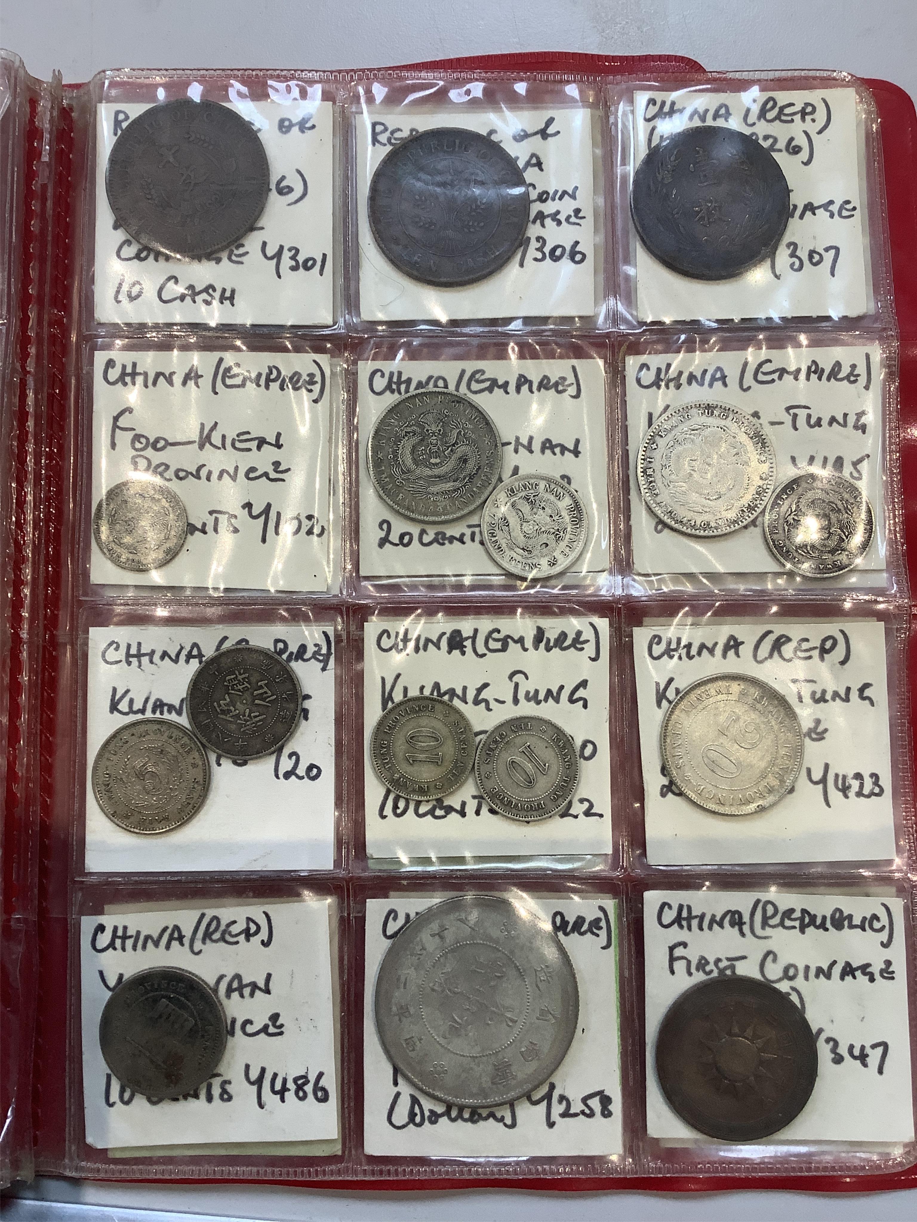 China coins, Qing to Republic period and Taiwan coins, in a small album, including China Empire and Republic period 10 cash, 20 cents, 10 cents, 50 Fen Guangxu restrike, Y#257, etc.